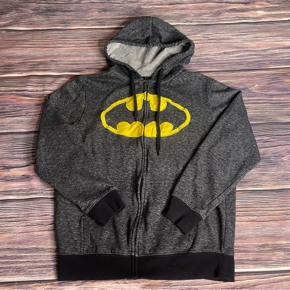 Batman Hoodie Sweatshirt Full Zip Gray Embroidered Classic Logo Adult Sz Medium